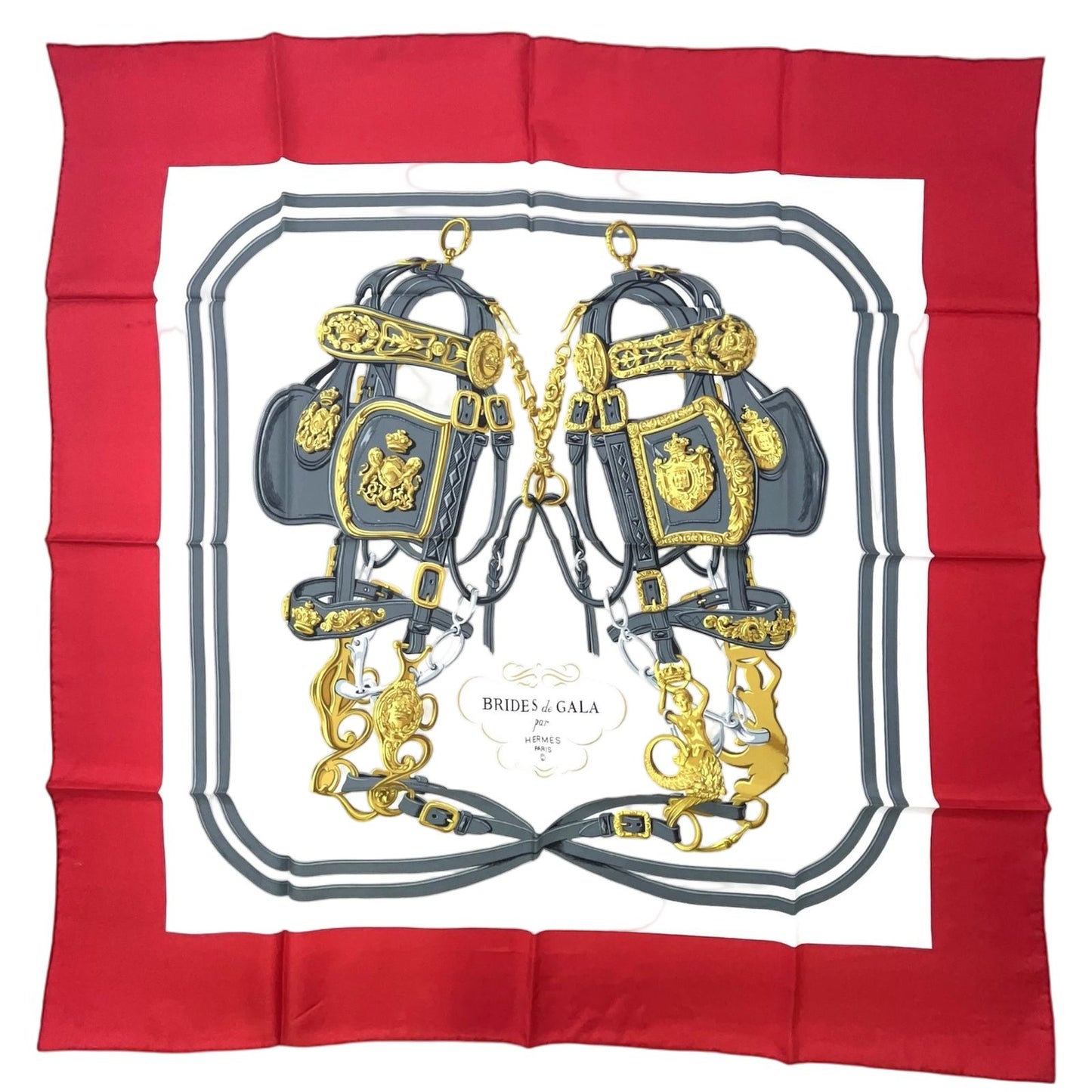 Hermes Carre 90 Brides de Gala Silk White Red Scarf