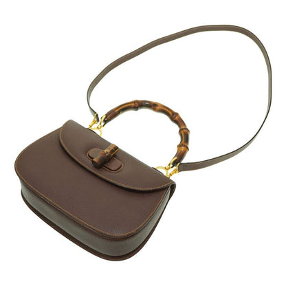 Gucci Bamboo Shoulder Handbag Leather Brown 0041 With Strap