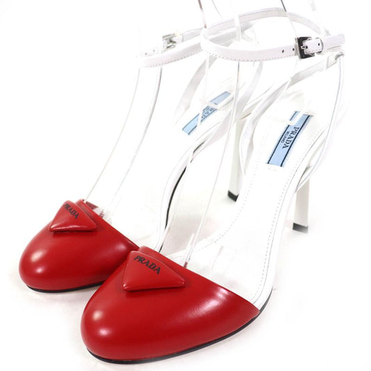 Prada 1i890m Triangle Logo Strap Leather Pumps Rosso Bianco 37.5 With Box And