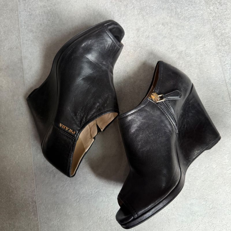 Prada Leather Wedge Sole Logo Booties 35 1 2 22.5cm (8.86in) Short Boots Black