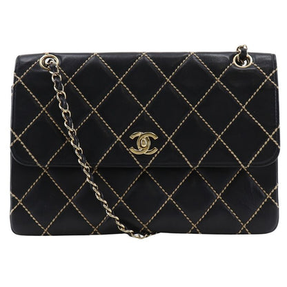 Chanel Wild Stitch Double Chain Shoulder Leather Black Women's Shoulder Bag
