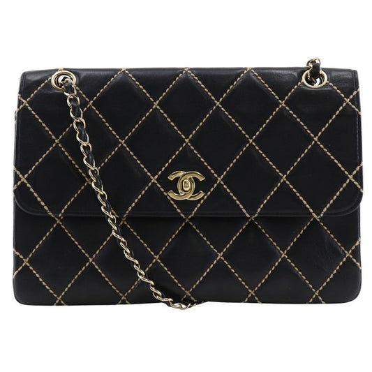 Chanel Wild Stitch Double Chain Shoulder Leather Black Women's Shoulder Bag