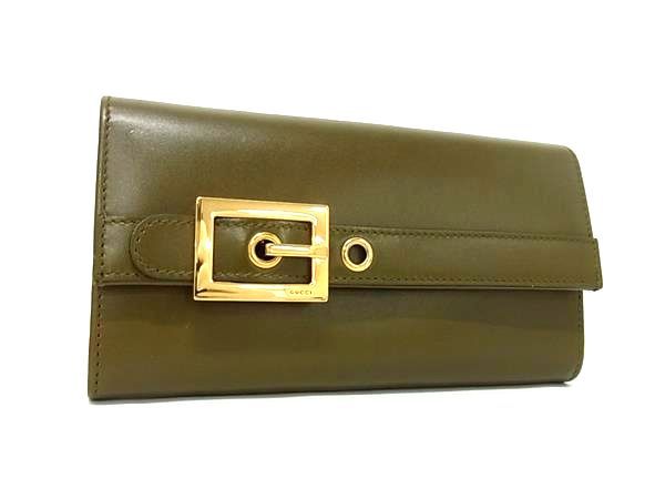 Gucci 324233 Leather Belt Motif Folded Long Wallet Women Khaki Bp1211