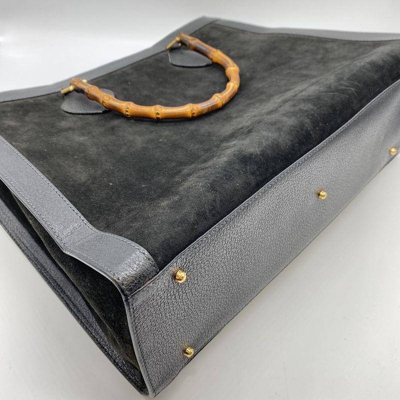 Gucci 002 853 Tote Bag Bamboo Suede Leather Black Ladies Men Vintage