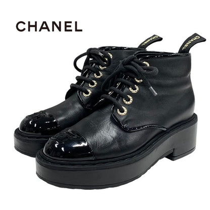 Chanel Boots Short Boots Shoes Here Mark Lace Up Pearl Leather Patent Black