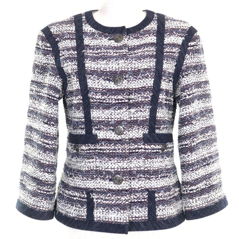 CHANEL P45580v33648 Cotton Lined 100% Silk Tweed Collarless Jacket With Coco