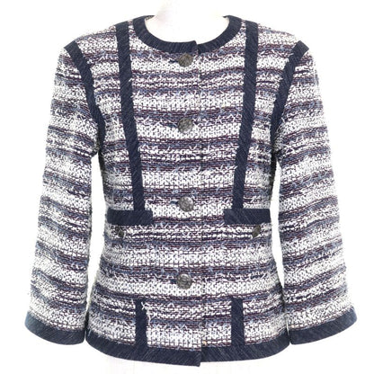 CHANEL P45580v33648 Cotton Lined 100% Silk Tweed Collarless Jacket With Coco