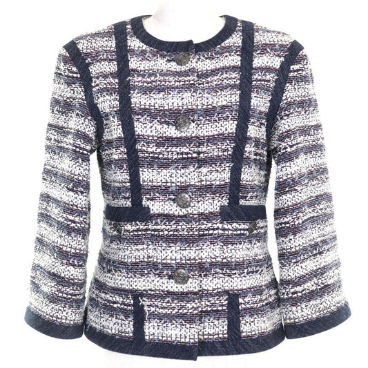 CHANEL P45580v33648 Cotton Lined 100% Silk Tweed Collarless Jacket With Coco