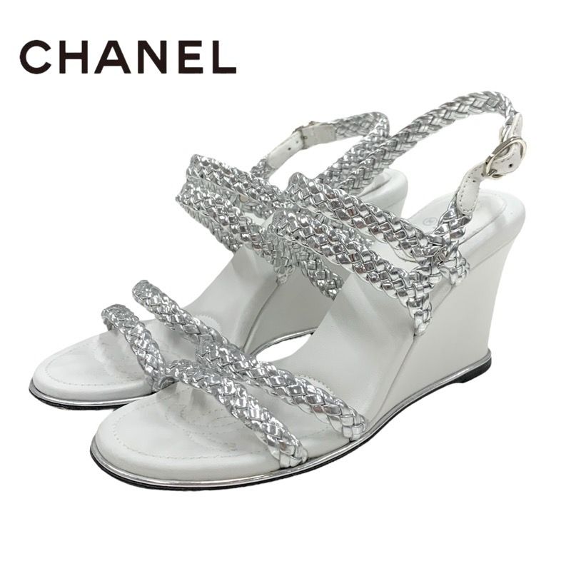 Chanel Sandals Shoes Leather Silver White Coco Mark Strap Wedge Sole