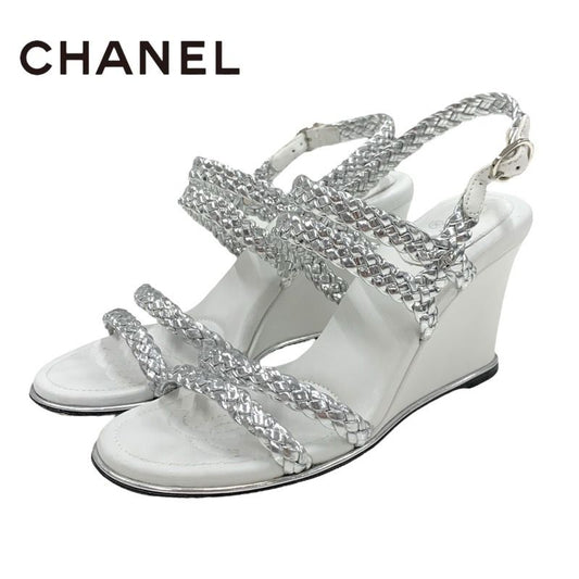 Chanel Sandals Shoes Leather Silver White Coco Mark Strap Wedge Sole