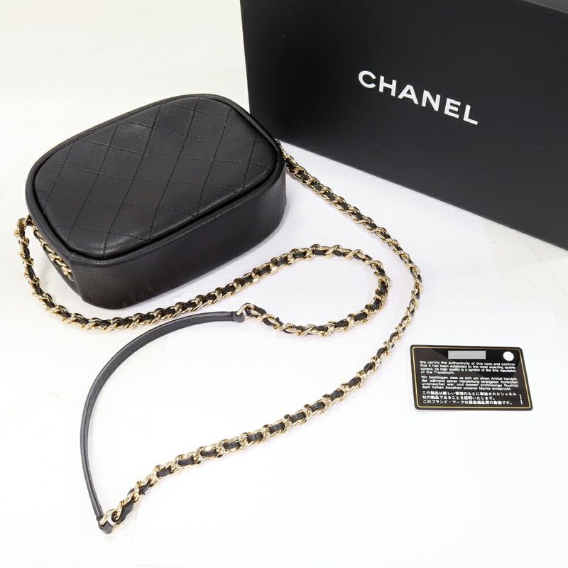 Chanel Chain Shoulder Bag Matelasse Camera Bag Calf Black Gold Hardware As0137