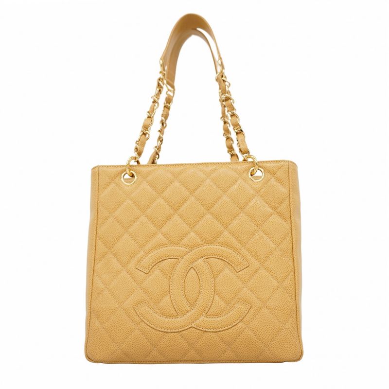 Chanel Shoulder Bag Matelasse Caviar Skin Beige Gold Hardware Women