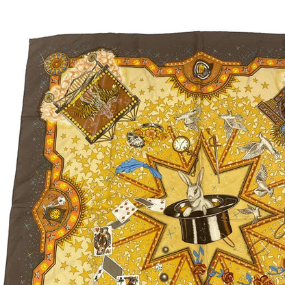 Hermes Carre 90 LA Magie Magic Rabbit Magic Trick Pigeon Clown Silk Brown With