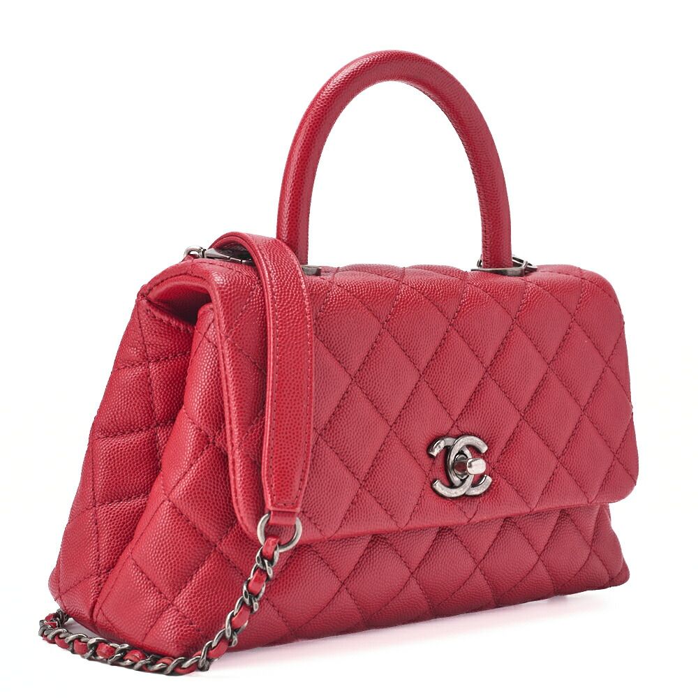 Chanel Chain Shoulder Bag Matelasse Coco Handle 2WAY Handbag Caviar Skin Red
