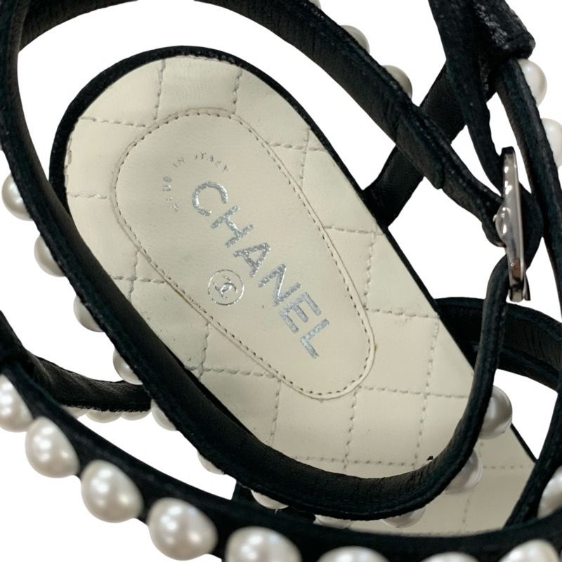 Chanel Sandals Shoes Leather Black White Coco Mark Pearl Matelasse Strap