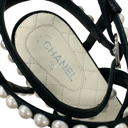 Chanel Sandals Shoes Leather Black White Coco Mark Pearl Matelasse Strap