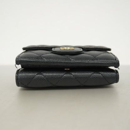 Chanel Trifold Wallet Matelasse Caviar Skin Black Chien Pan Gold Hardware Women