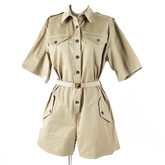 Prada 2023 P293ht Cotton Linen Triangle Logo Belted Short Sleeve All-in-one/jum