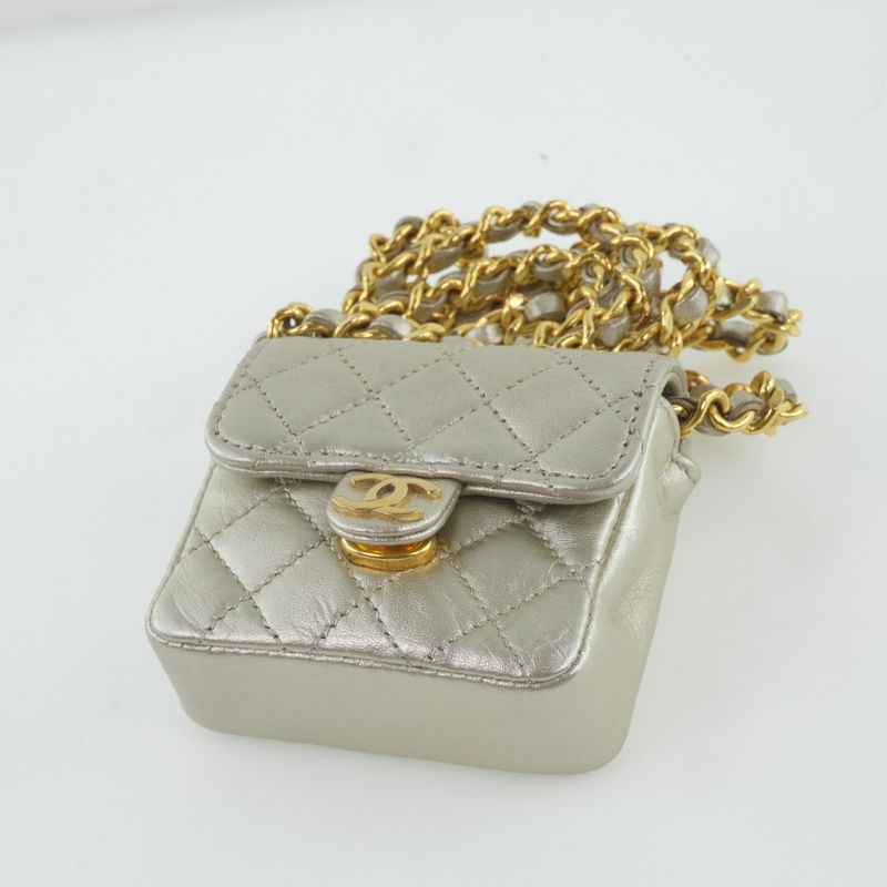 Chanel Chain Pochette Micro Matelasse Calf Silver Ladies Shoulder Bag