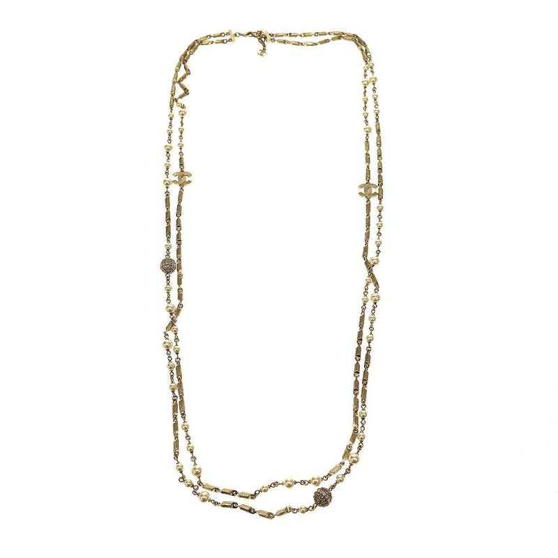 Chanel 2016 Faux Pearl Ball Coco Mark Long Necklace A16 Gold