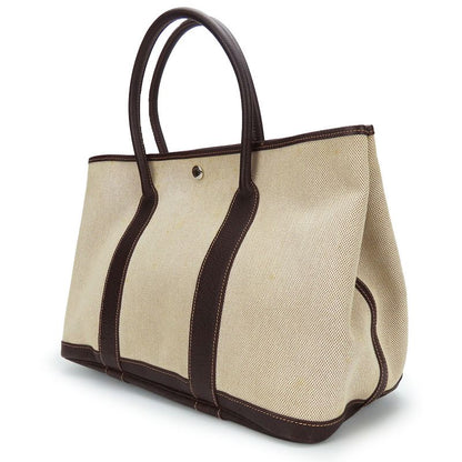 Hermes Handbag Garden Party PM Canvas Leather Beige Dark Brown Silver Hardware
