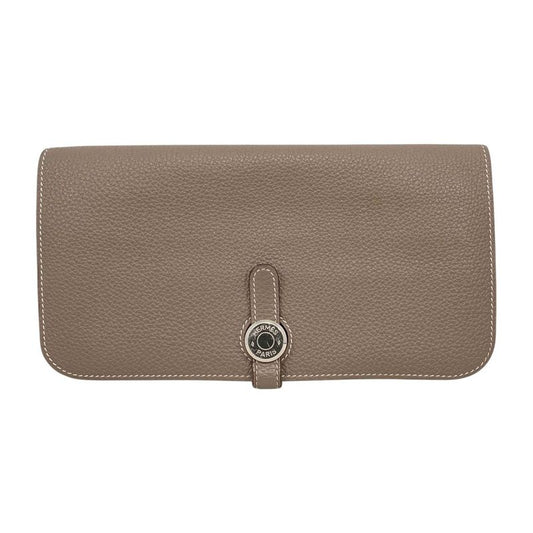 Hermes Bifold Long Wallet Dogon D Engraved Swift Leather Etoupe Glazed Silver