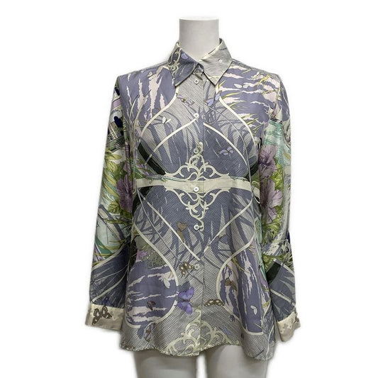 Hermes Long Sleeve Shirt Blouse Size 36 S Women's - Ivory Purple And Multi Silk