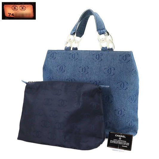 Chanel Plastic Chain Tote Bag Denim Blue Vintage Silver Hardware Coco Mark Tote