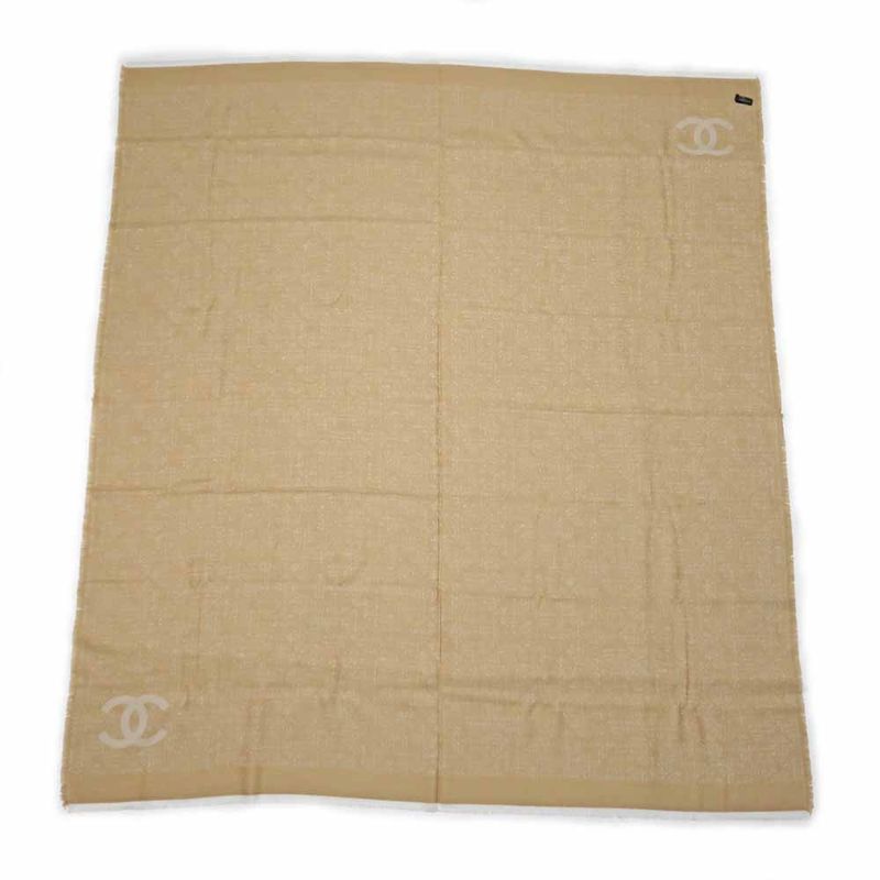 Chanel Large Shawl CC Mark Beige Wool Shawl Fringe Ladies Women