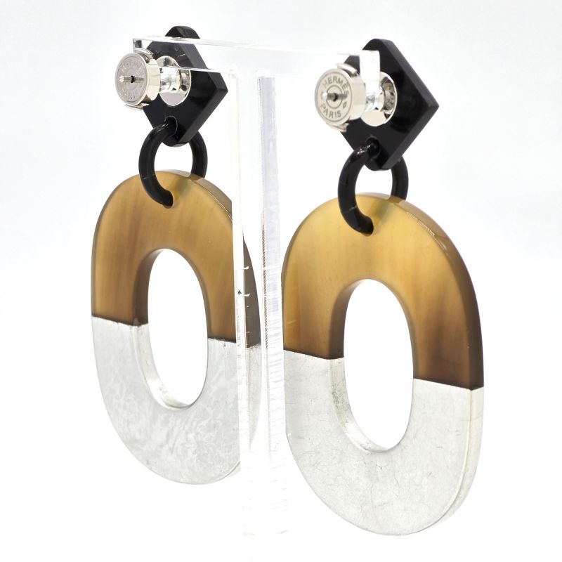 Hermes Earrings Ism Binaural Buffalo Horn Lacquer Brownish/silver Color Silver