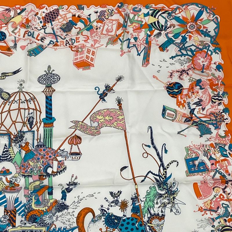 Hermes Carre 90 Silk Scarf Folle Parade Orange