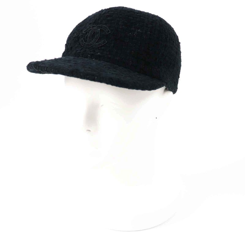 CHANEL 22B Aa8562 Coco Mark Fantasy Tweed Cap Hat Black Lame M With Box Made