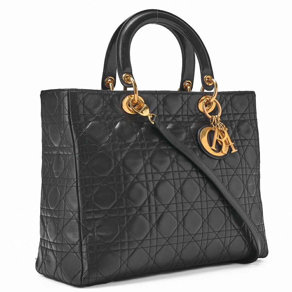 DIOR Lady Dior Cannage Handbag 2-way Lamb Skin Black Large Size (gold Hardware)