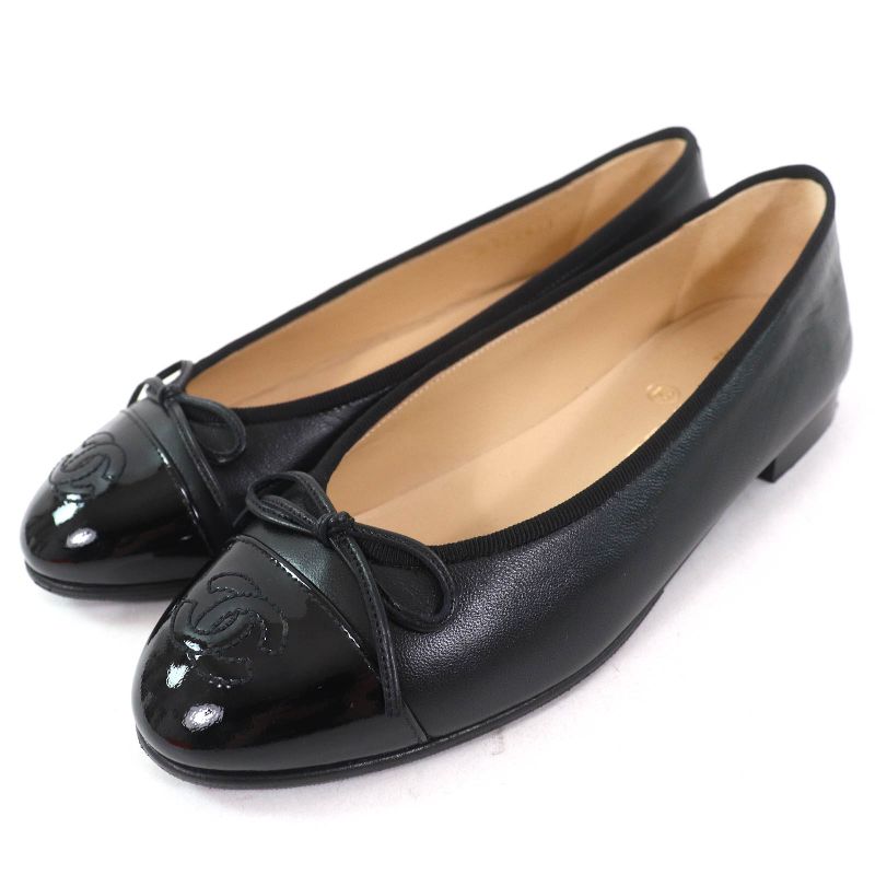 CHANEL G02819 Ballerina Coco Mark Ribbon Patent Leather Use Leather Flat Shoes