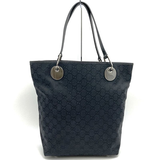 Gucci 120836 Handbag Tote Bag Black GG Canvas Leather Ladies Men Fashion
