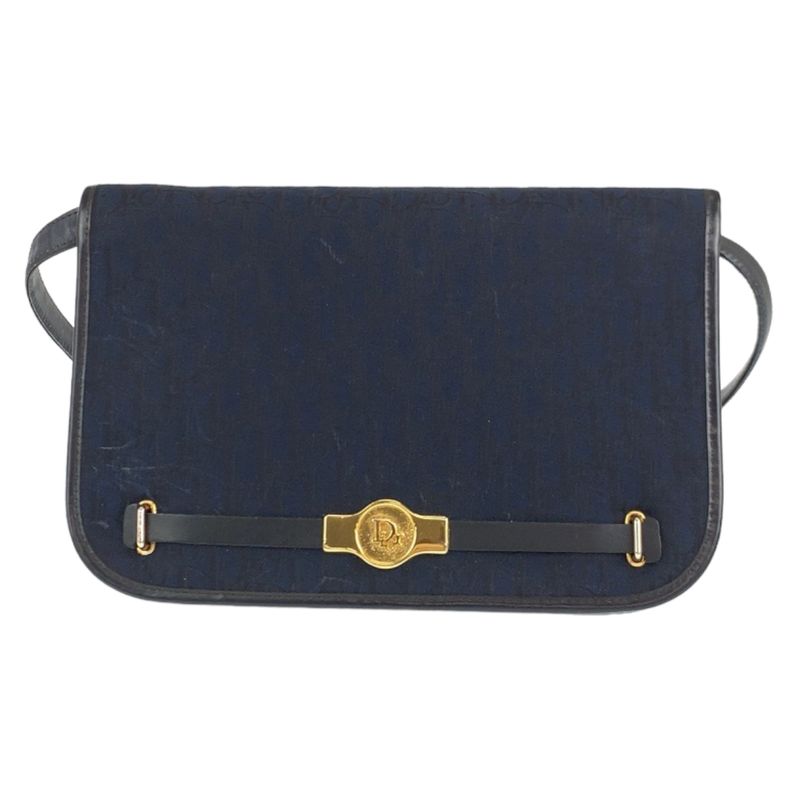 DIOR Vintage Trotter Navy Gold Hardware Canvas/leather Crossbody Shoulder Bag