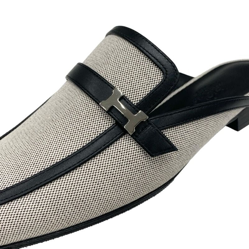 Hermes Groupie Flat Shoes Canvas Leather Black Unused Mule Slipper Sandals