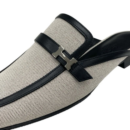 Hermes Groupie Flat Shoes Canvas Leather Black Unused Mule Slipper Sandals