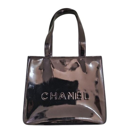 CHANEL Vintage Patent Leather Tote Purse Shoulder Bag Black