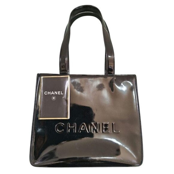 CHANEL Vintage Patent Leather Tote Purse Shoulder Bag Black