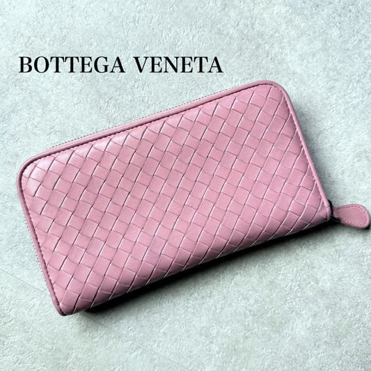 Bottega Veneta Round Zipper Long Wallet Intrecciato Pink Long Wallet Calf