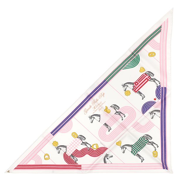 Hermes Shawl Carre 70 Triangle Jean Silk White and Multicolor Gold Hardware