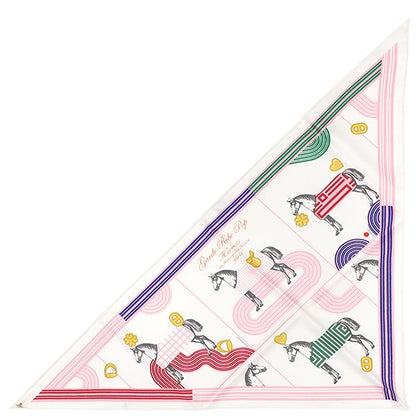 Hermes Shawl Carre 70 Triangle Jean Silk White and Multicolor Gold Hardware