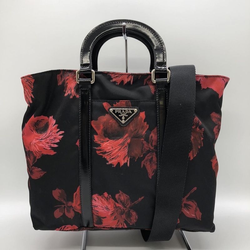 Prada Handbag Shoulder Bag 2way Nylon Black Flower Floral Ladies Men Vintage