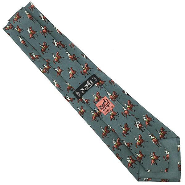 Hermes Tie with Equestrian Pattern 9cm (3.54in) Silk Green and Multicolor Green