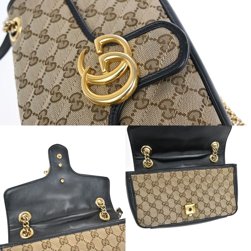Gucci Marmont Chain Shoulder Bag Canvas Leather Beige Black 631ka861