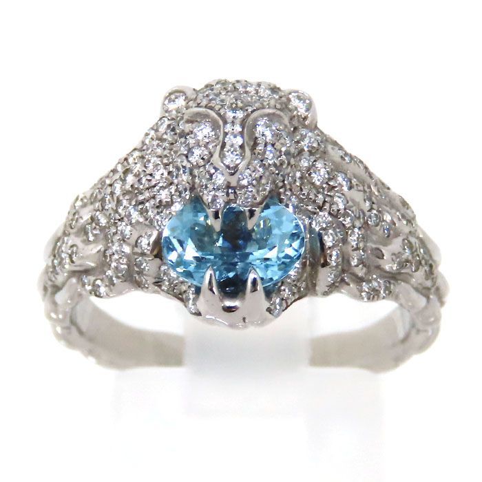 Gucci Lion Head Aquamarine Diamond Ring 18K White Gold 750 White Gold Diamond