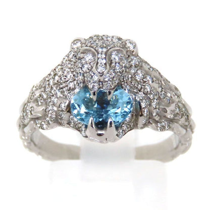 Gucci Lion Head Aquamarine Diamond Ring 18K White Gold 750 White Gold Diamond