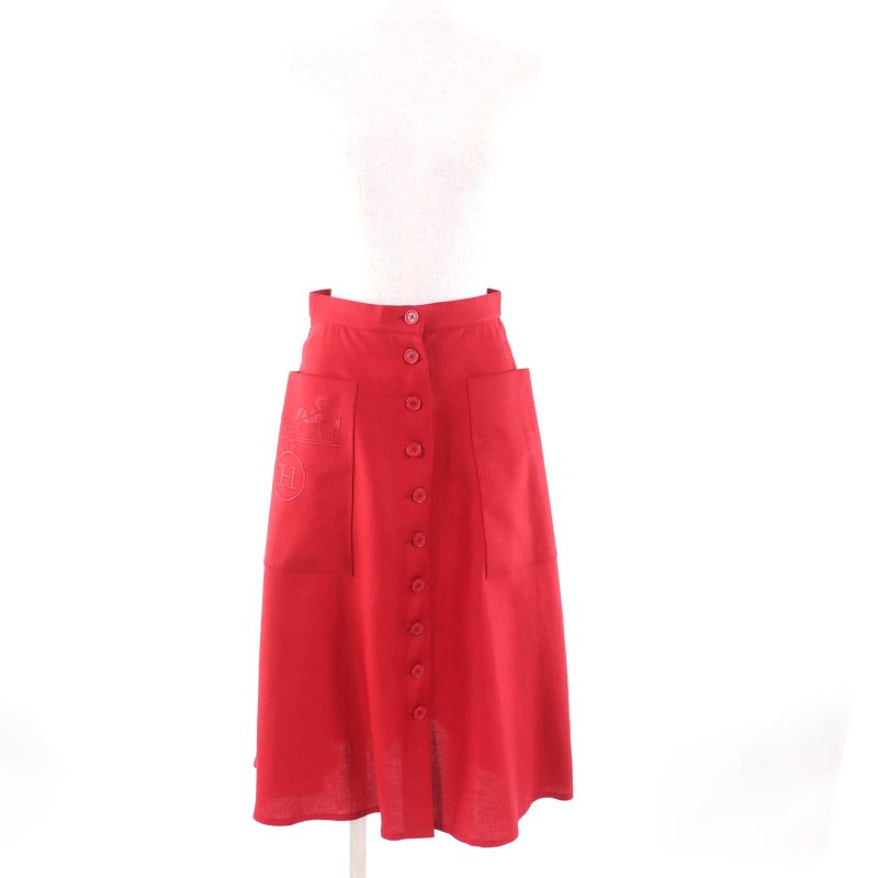 Hermes 100% Linen Front Button Flared Skirt With Caleche Embroidery Red 38 Made