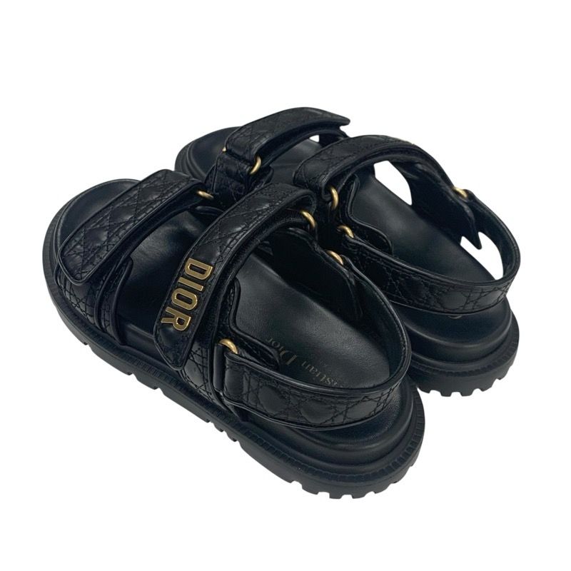 Christian Dioract Sandals Shoes Calfskin Black Gold Logo Cannage Quilted Sports